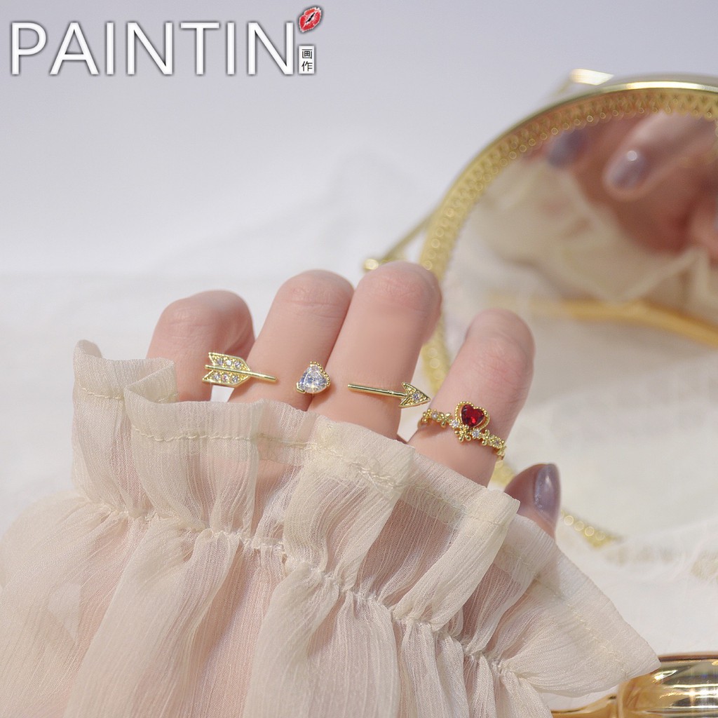 paint’「丘比特」韓國設計微鑲鋯石彩色愛心精緻壹箭穿心丘比特雙指戒指套裝