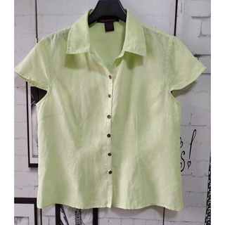 Lily stanhope 美國品牌100%LINEN檸檬綠色襯衫V領開襟包袖上衣
