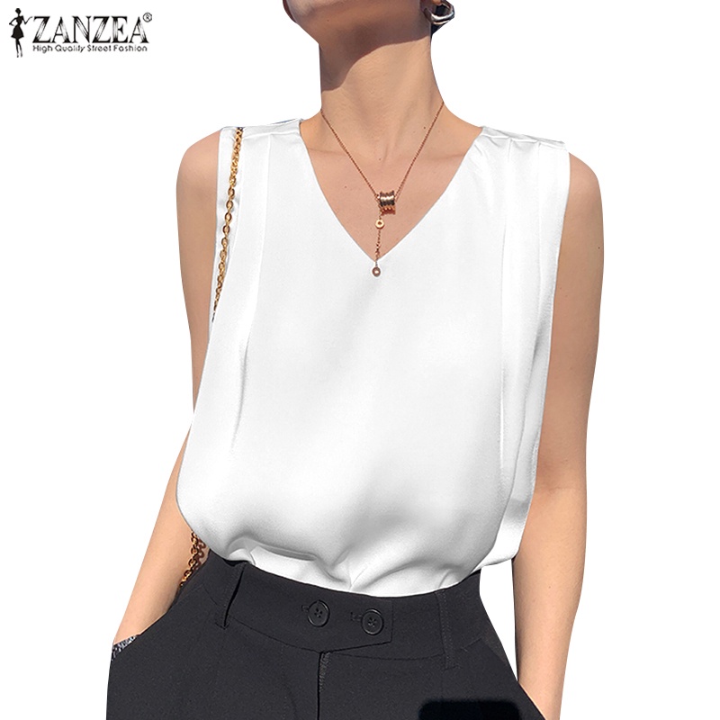 Zanzea 女士時尚緞面 V 領無袖百褶飾 OL 女襯衫
