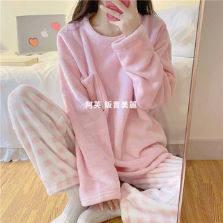 [現貨]韓國ins甜美珊瑚絨睡衣女秋冬季加絨加厚法蘭絨可外穿白上衣格子褲家居服套裝