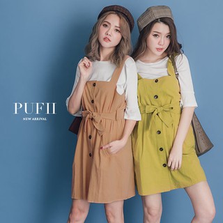 Pufii PUFII 套裝 喇叭袖上衣+排釦棉麻吊帶洋裝連身裙兩件式套裝(附綁帶) 黃色