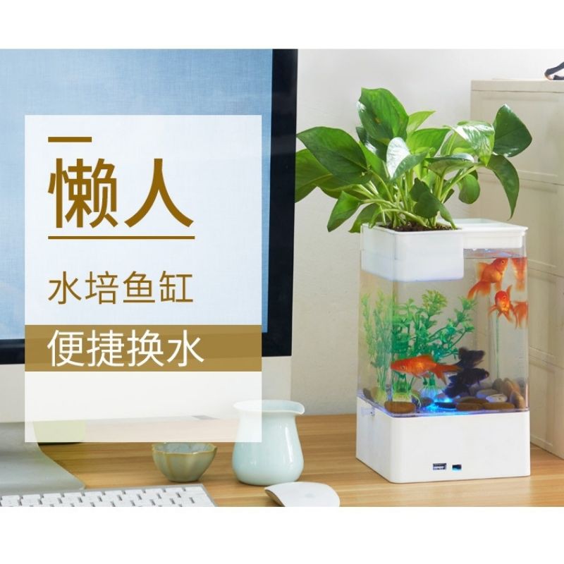 桌上型 魚缸 水族箱 七彩LED USB 自潔環保生態 居家 辦公室 獨家技術換水超方便 環保 魚菜共生 療育 好心情
