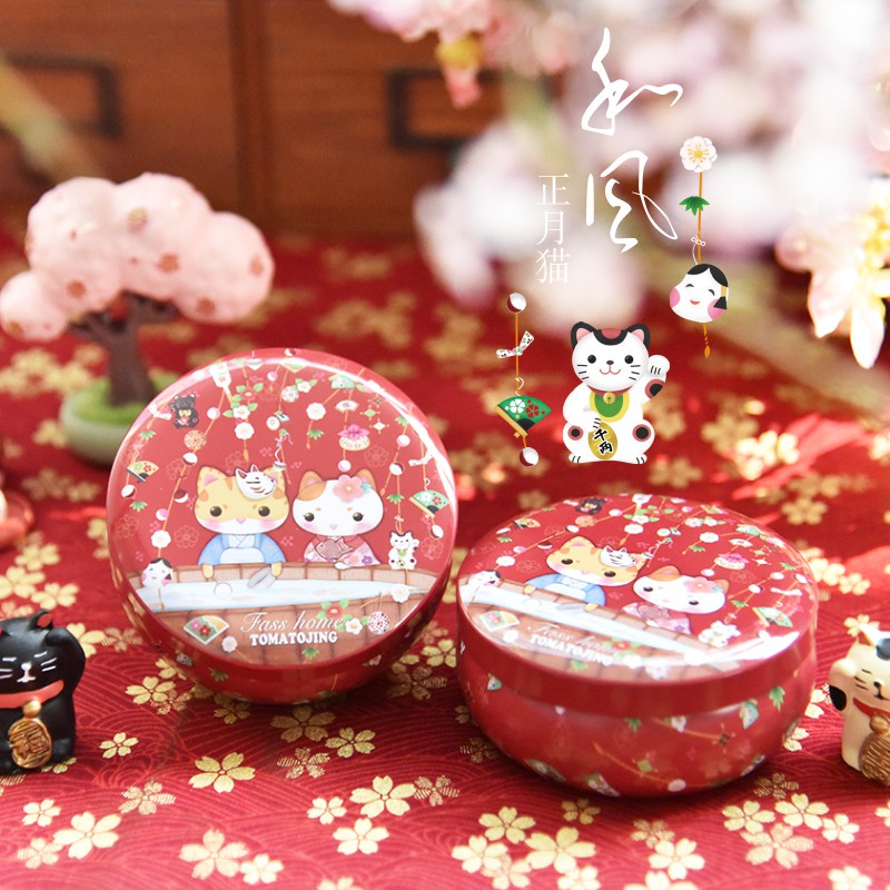 [小皮花坊]日式和風馬口鐵盒 櫻花兔 鐵罐 正月貓 迷你 圓鐵盒 日式風格 喜糖盒婚慶喜宴糖果盒 婚禮小物
