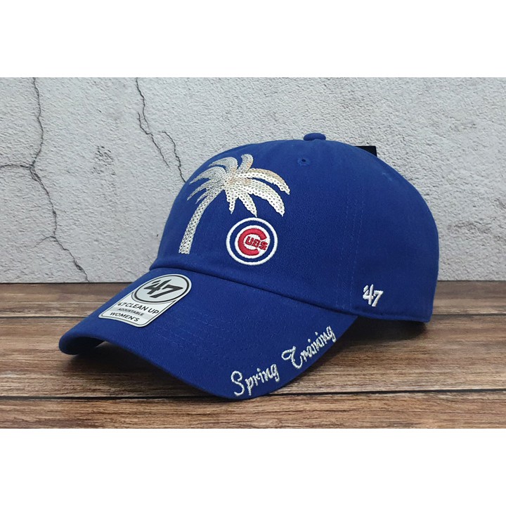 蝦拼殿 47brand MLB芝加哥小熊隊椰子樹亮片款LOGO復古布料藍色老帽  女款老帽棒球帽  現貨供應