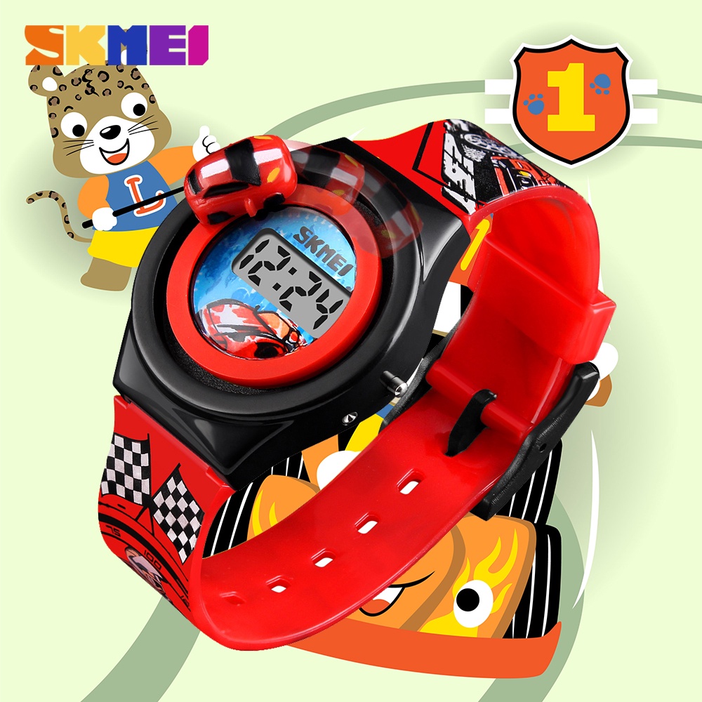 Skmei 1376 兒童玩具手錶男孩時尚液晶數顯兒童手錶卡通創意趣味旋轉汽車防過敏錶帶無防水