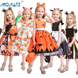Mqatz 2PCS 帶包嘉年華萬聖節服裝兒童女孩兒童女孩衣服公主裙鬼南瓜圖案角色扮演派對 2-10 歲 WS020