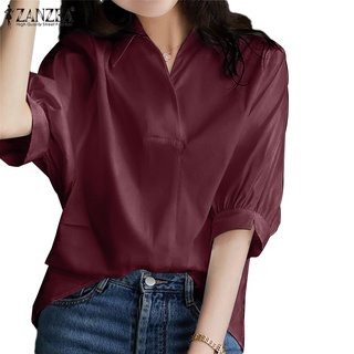 ZANZEA 女式簡約休閒半袖翻領純色系扣復古襯衫