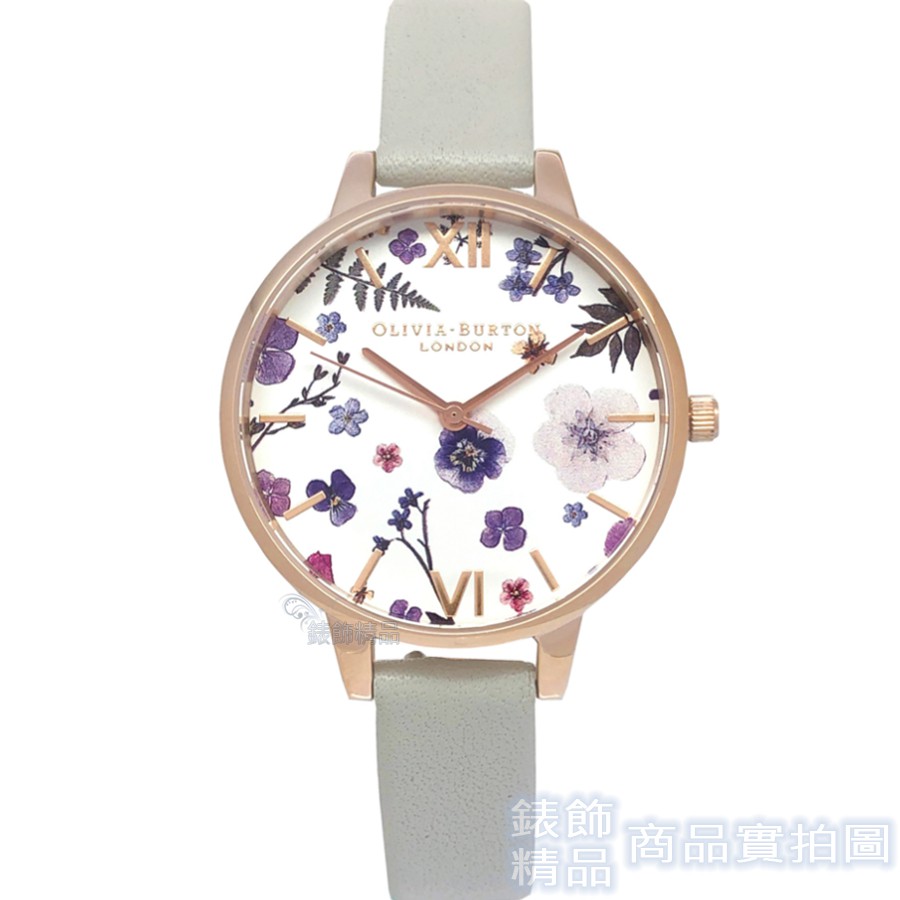 OLIVIA BURTON OB16AR10手錶 春暖花開 高貴淡玫瑰金 典雅浪漫紫 灰色皮帶34mm 女錶【澄緻精品】