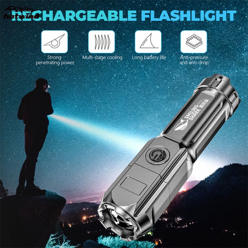 HW 強光調焦手電筒(622A微笑鯊) 強光手電筒T6LED USB可充電戰術手電筒防水探照燈 1200mAh電池露營
