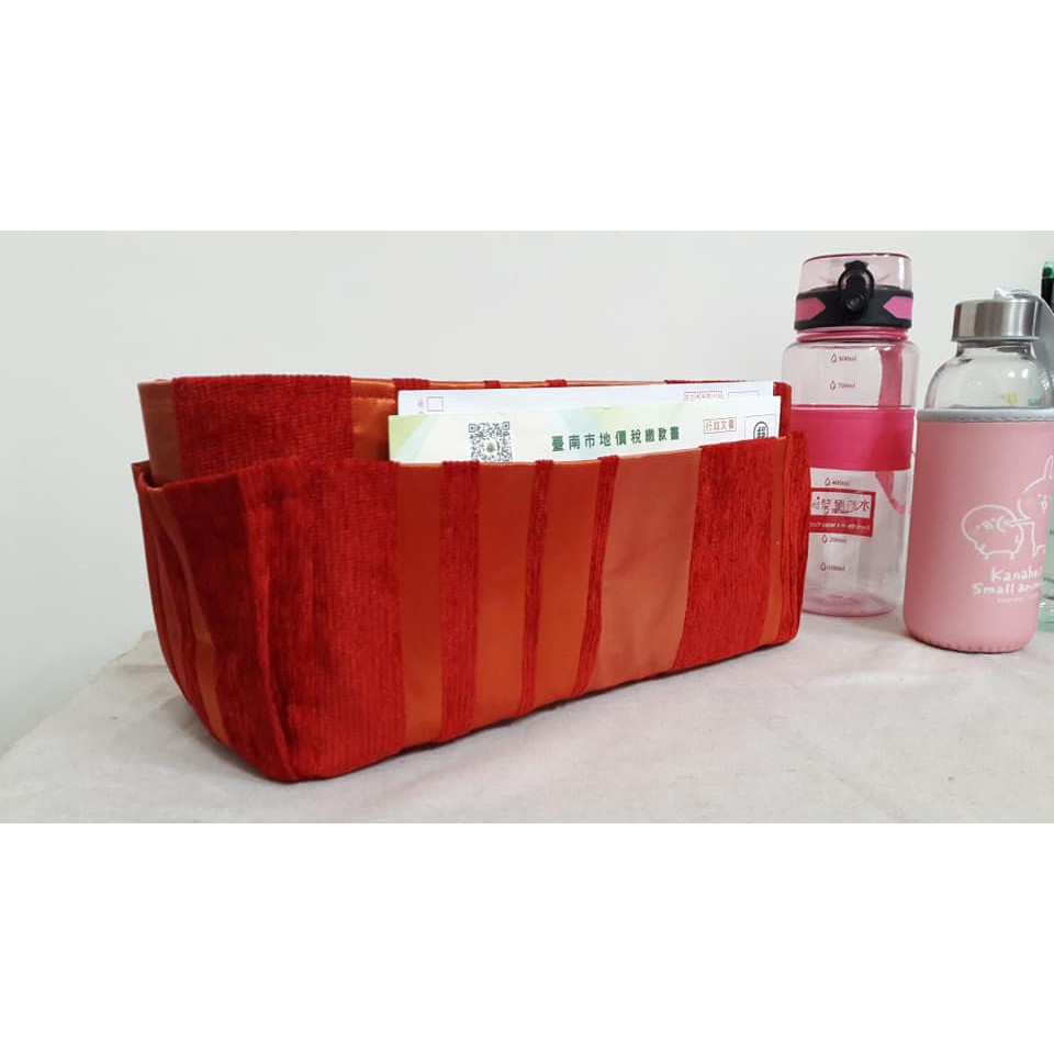 【小茉莉】名牌包專用袋中袋LONGCHAMP+縮口購物包(30x12cm)→內外各1平面格層→橘紅條紋