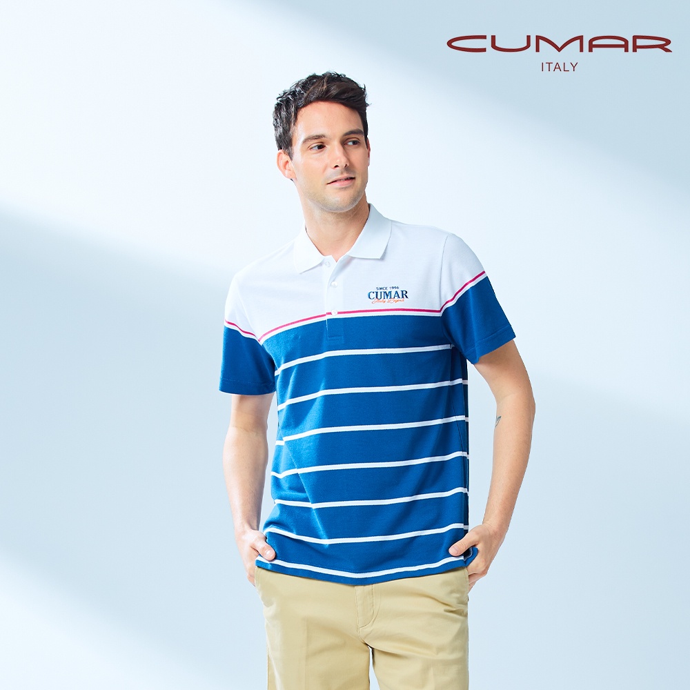 【CUMAR】男裝短袖棉質條紋POLO衫 188238-46藍色
