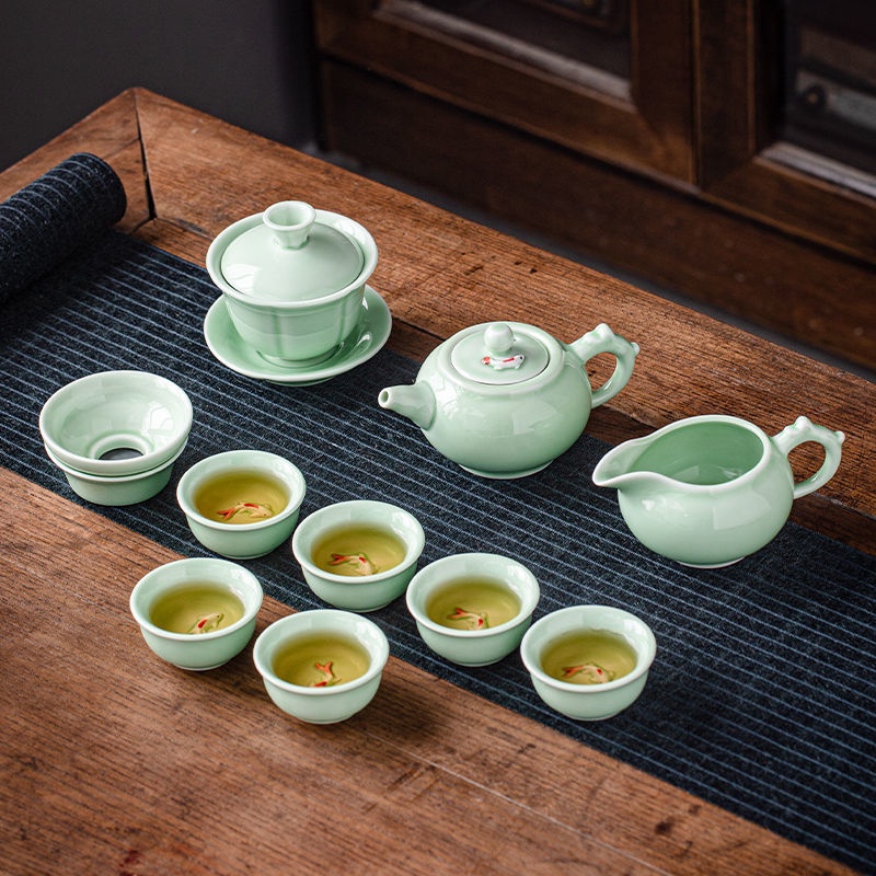❤jack*青瓷功夫茶具套裝簡約家用辦公室創意金魚喝茶杯蓋碗茶壺洗茶道