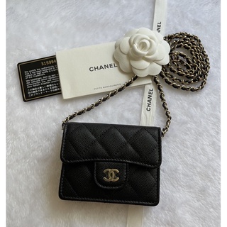 《全新正品》CHANEL香奈兒黑色粒紋小牛皮經典翻蓋三層卡包 斜揹包
