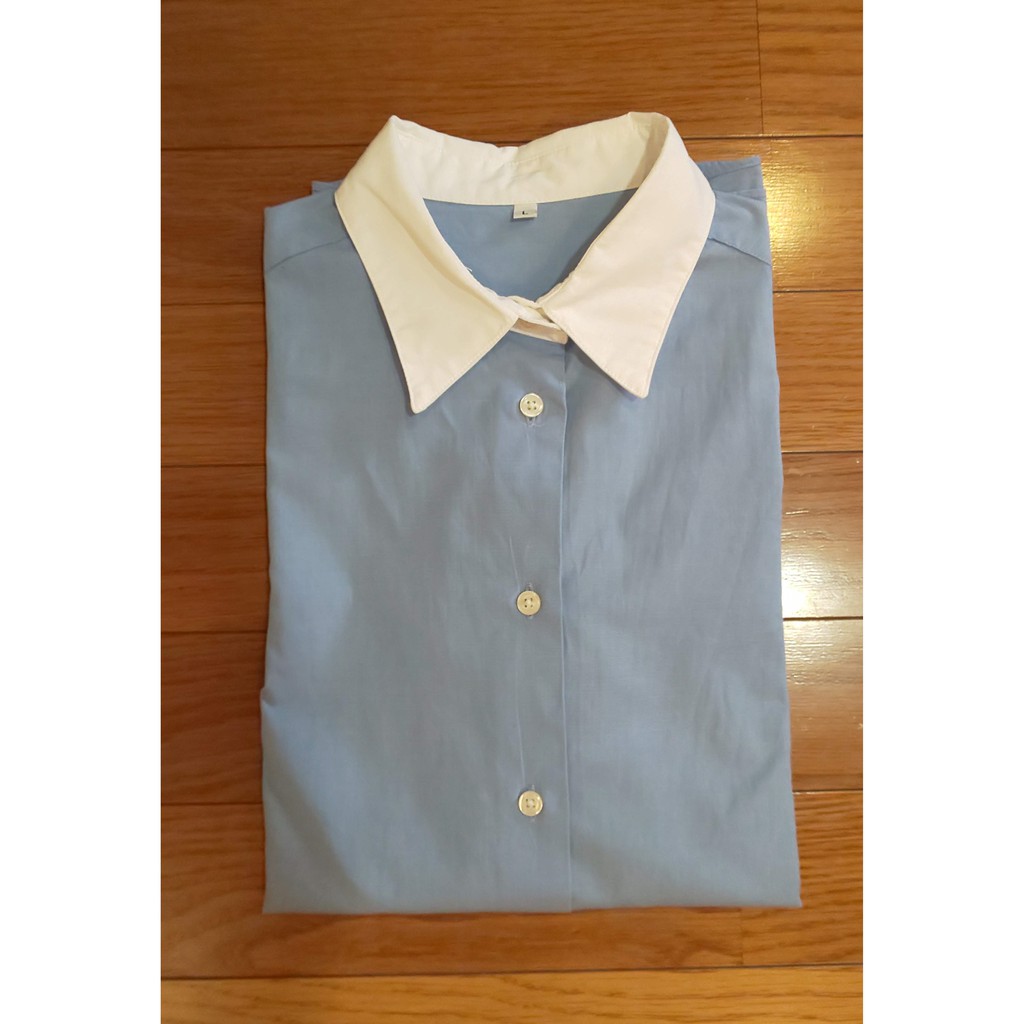 無印良品MUJI藍色白領微彈性七分袖襯衫