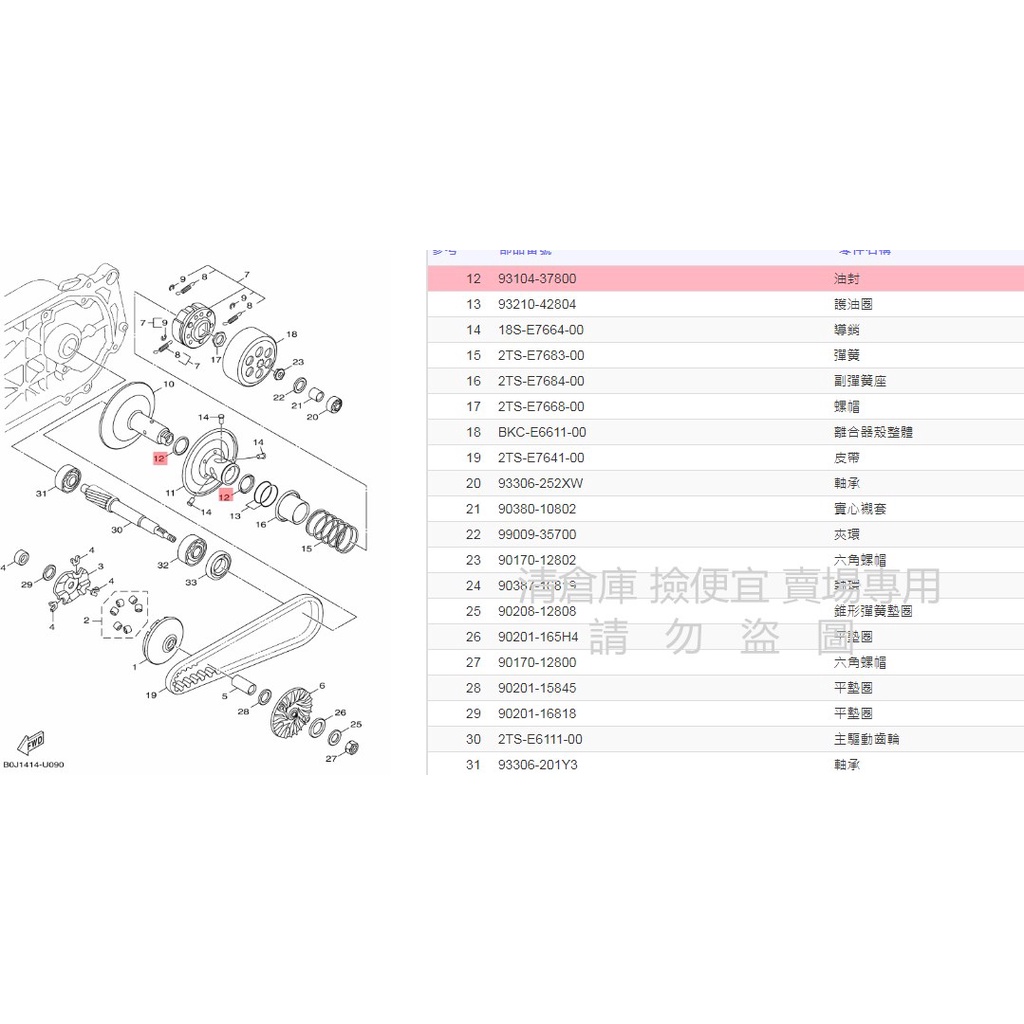 撿便宜料號 93104-37800  YAMAHA山葉原廠油封 Limi　RS NEO　AXIS 後離合器副滑動槽輪油封