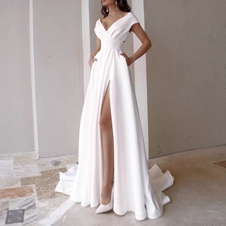 S- XL 中大尺碼 高質感 伴娘 禮服 露背 V領 晚禮服 白色 拖地 輕婚紗 洋裝 長裙 洋裝