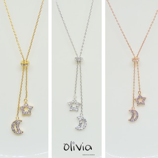 現貨 Olivia Fashion 韓版施華洛世奇水鑽精鍍14K真金立體鏤空星星月亮垂墬雙鍊鎖骨鍊 項鍊【E10885】