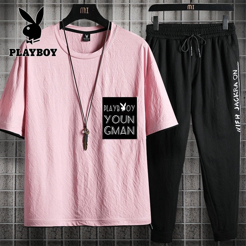 Playboy花花公子短袖運動休閒套裝男士冰絲潮流百搭跑步服青少年兩件套 蝦皮購物