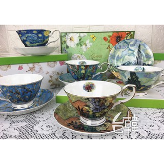 梵高-世界經典名畫系列 2入咖啡杯碟組/劍蘭 絲柏 花瓶 杏花 星夜精緻高檔骨瓷茶具/藝術品般杯子/韓國歐洲/梵谷/禮盒