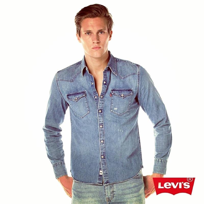 Levi’s 男生經典抓破長袖牛仔襯衫