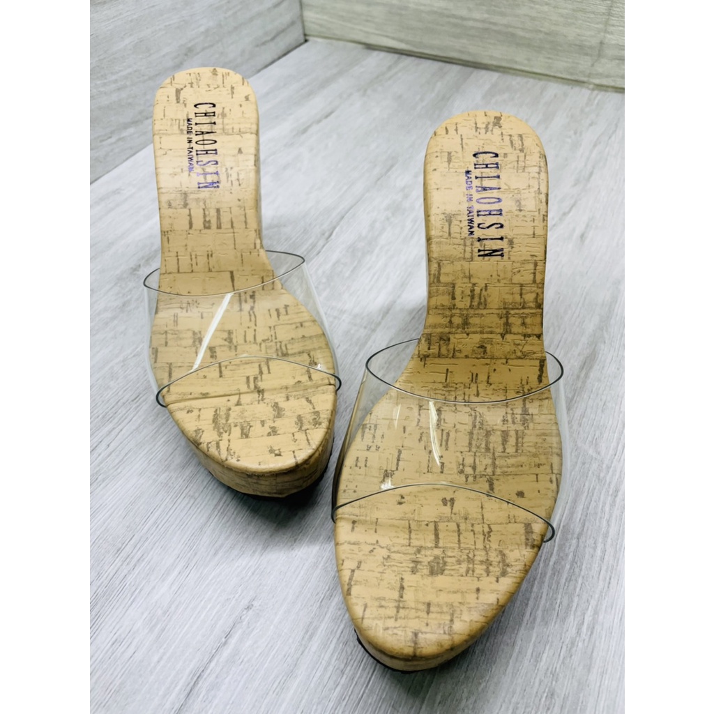 透明一字楔型涼拖鞋 厚底 增高 木紋 楔型 坡跟 拖鞋 涼鞋ღMIT台灣