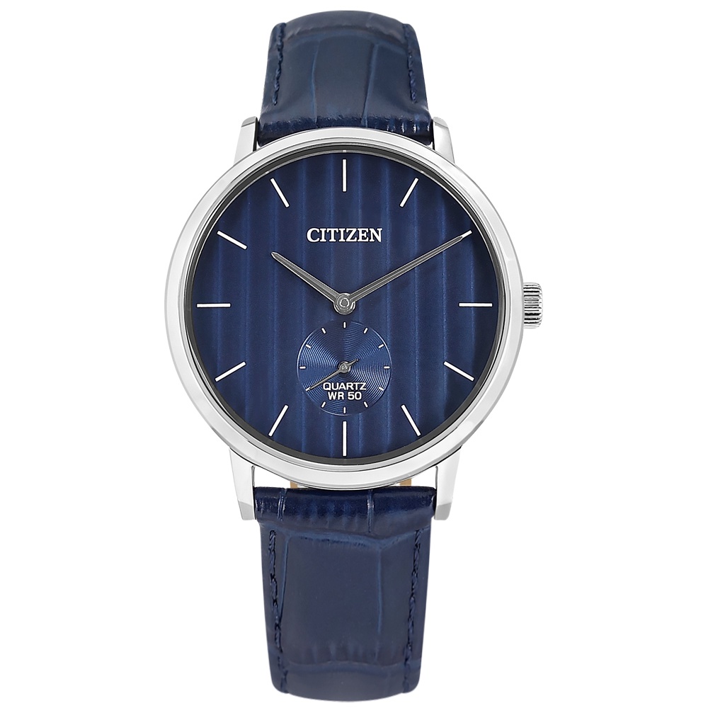 CITIZEN / 獨立小秒針 礦石強化玻璃 壓紋真皮手錶 藍x銀框 / BE9170-05L / 39mm