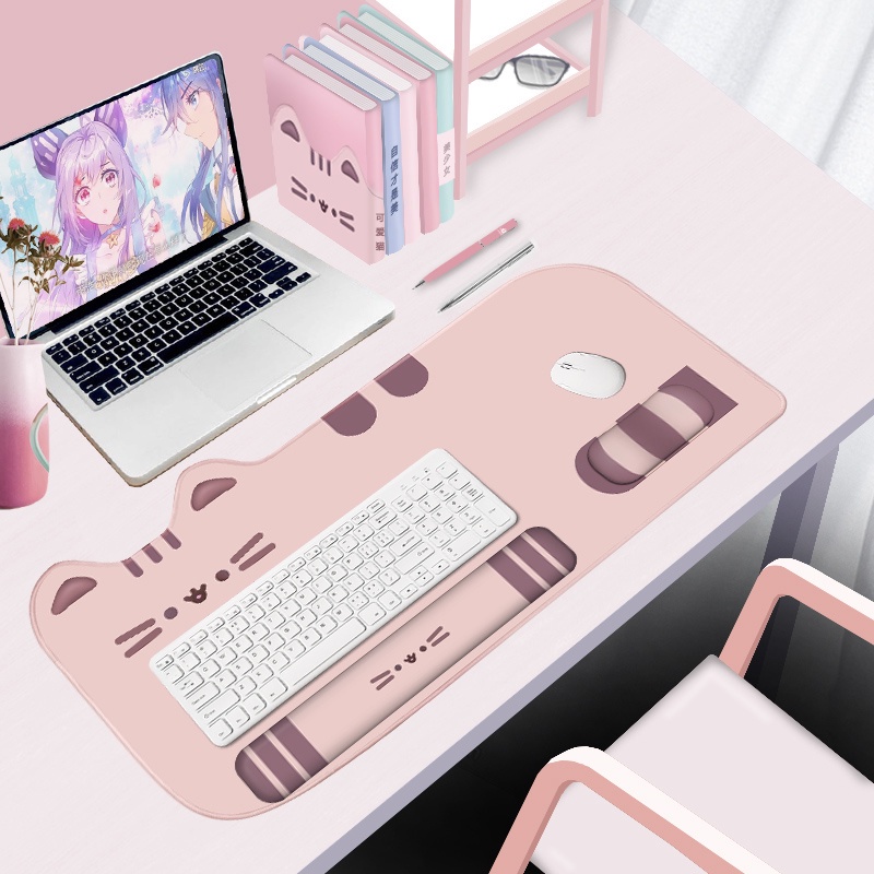 可愛貓咪大鼠標墊桌墊手腕加厚電腦鍵盤粉紅色女孩辦公室腕托