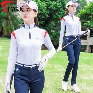 TTYGJ 高爾夫服裝女生長袖衫防曬高領拉鏈 女領Polo衫撞色運動上衣球衣服 女TEE 拉鏈立領 肩部撞色設計