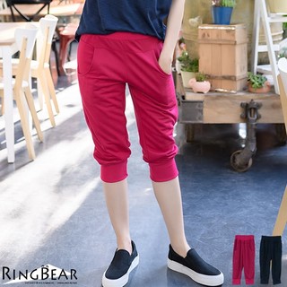眼圈熊 中大尺碼 S75輕鬆休閒運動女孩腰頭褲管羅紋雙口袋運動七分褲(紅.藍XL-4L)