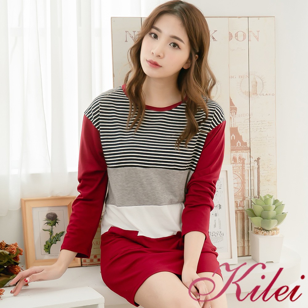 【Kilei】棉質橫條拼接撞色長版上衣XA3992-01(亮眼棗紅)大尺碼