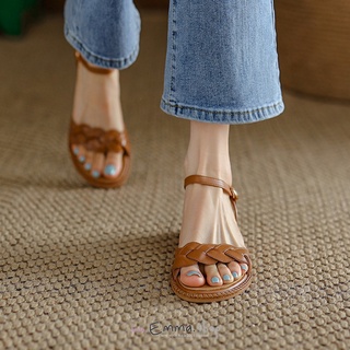 EmmaShop艾購物-正韓同步上新-夏季必備復古編織一字平底涼鞋