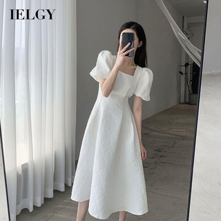 IELGY 女裝白色法國短袖方領洋裝, 修身腰