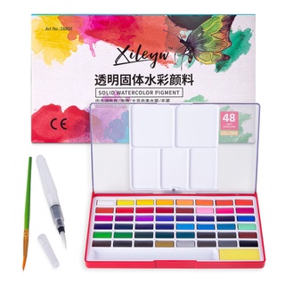 Xileyw 12/18/24/36/48色透明固體水彩顏料套裝 固態顏料含自來水筆+調色盤+海綿 塊狀水彩 水彩 寫生