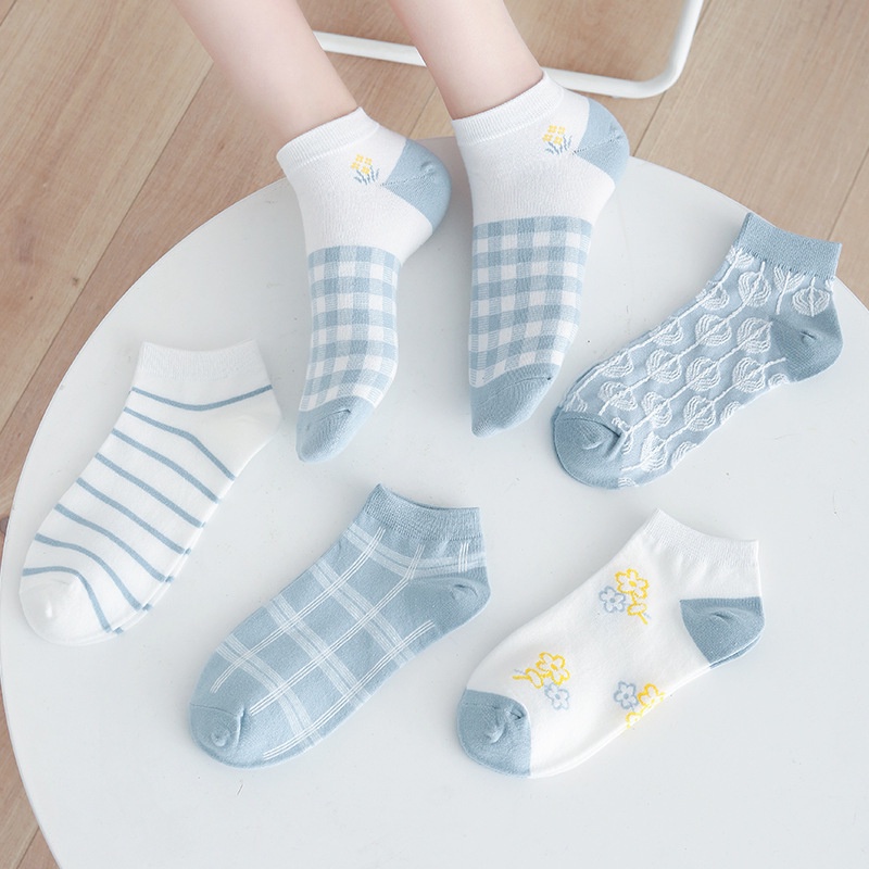 KAFU 襪子女春夏季淺藍色系格子花船襪女學院風短筒棉質女襪潮流短襪