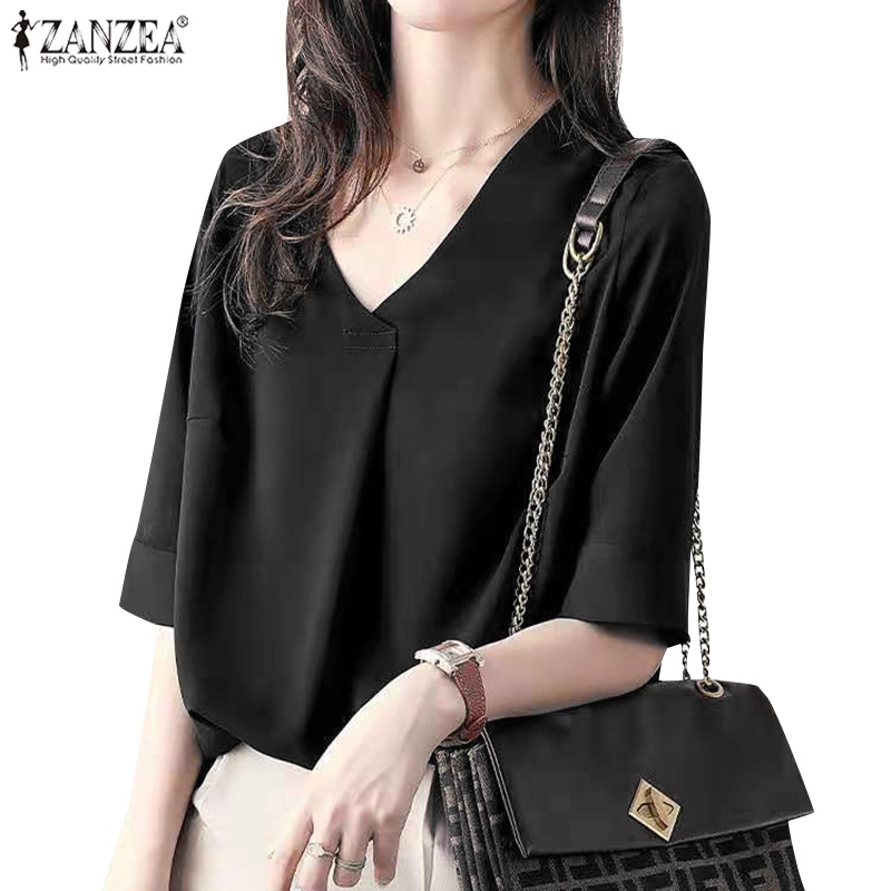 Zanzea 女士韓版時尚純色 V 領半袖寬鬆上衣