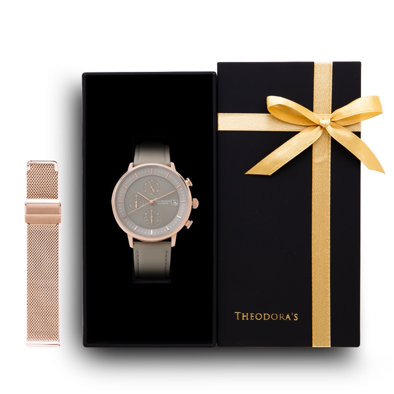 【THEODORA'S】限定禮盒Mercury手錶+替換錶帶2入組-三眼月桂綠-真皮月桂綠【希奧朵拉】