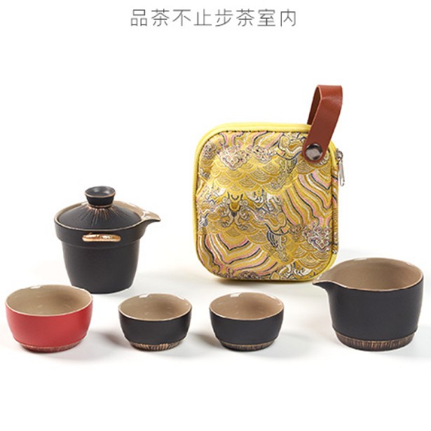 （皇家茶莊）黑陶茶具套裝日式功夫茶杯描金陶瓷防燙茶壺家用禮盒旅行便攜式包