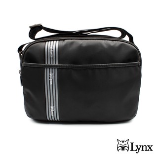【Lynx】美國山貓簡單條紋多隔層機能防潑水尼龍布包橫式單肩包 側背包 黑色 LY39-1123-99