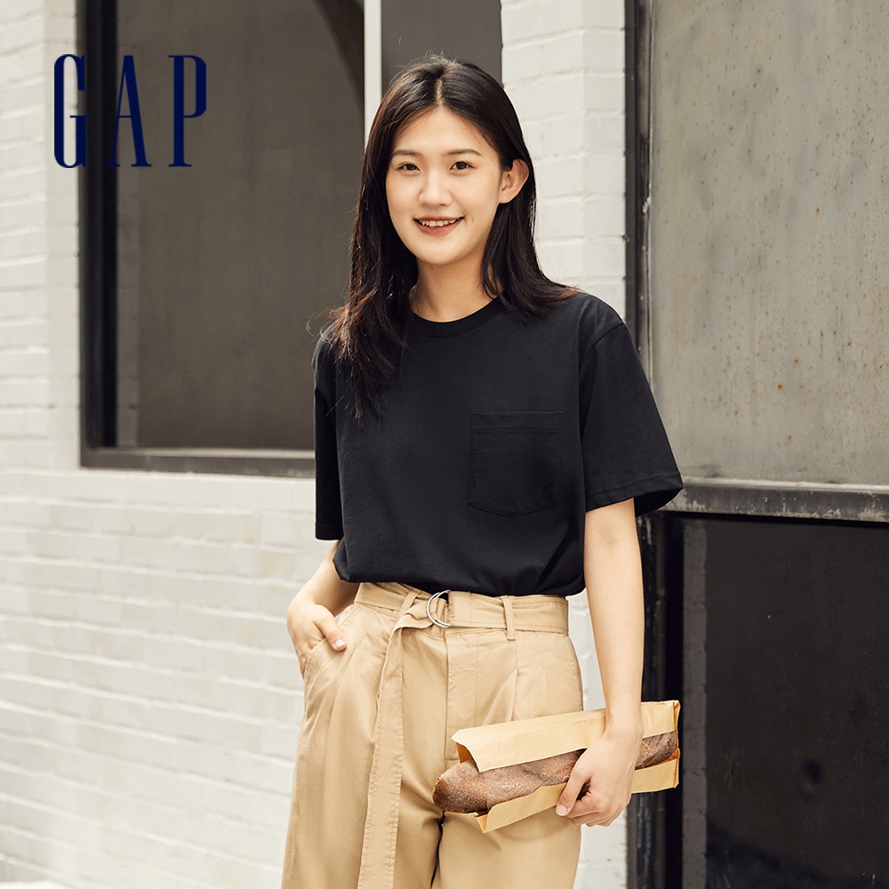 Gap 男女同款 純棉素色短袖T恤 厚磅密織親膚系列-黑色(690357)