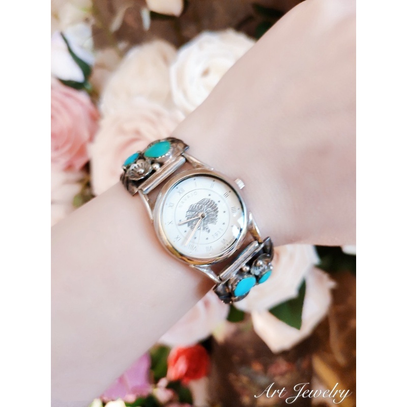 Vintage歐洲收藏手工制作925純銀土耳其石珠寶彈性手錶 女用手錶 女錶（無使用痕跡）
