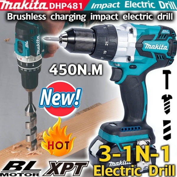 全新優質新款Makita DHP481 18V無刷可充電優質衝擊驅動電鑽電動工具450 N.m 13mm衝擊螺絲刀電鑽