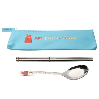 百貨通【王樣水滴水果熊餐具組(粉/藍)】不鏽鋼 水果 可愛 附收納袋