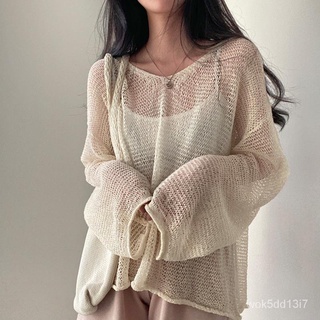 韓國新款不規則薄款設計感防曬針織上衣寬鬆慵懶長袖針織鏤空罩衫 女生衣著 辣妹穿搭 NANA Studio💕