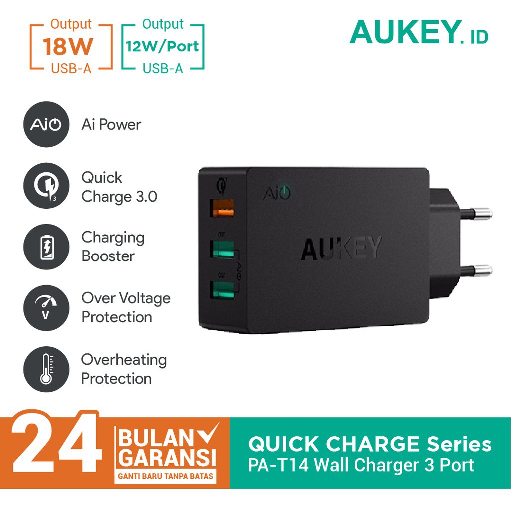 Aukey PA-T14 3 端口 43.5W QC 3.0 AiQ 充電器 500063