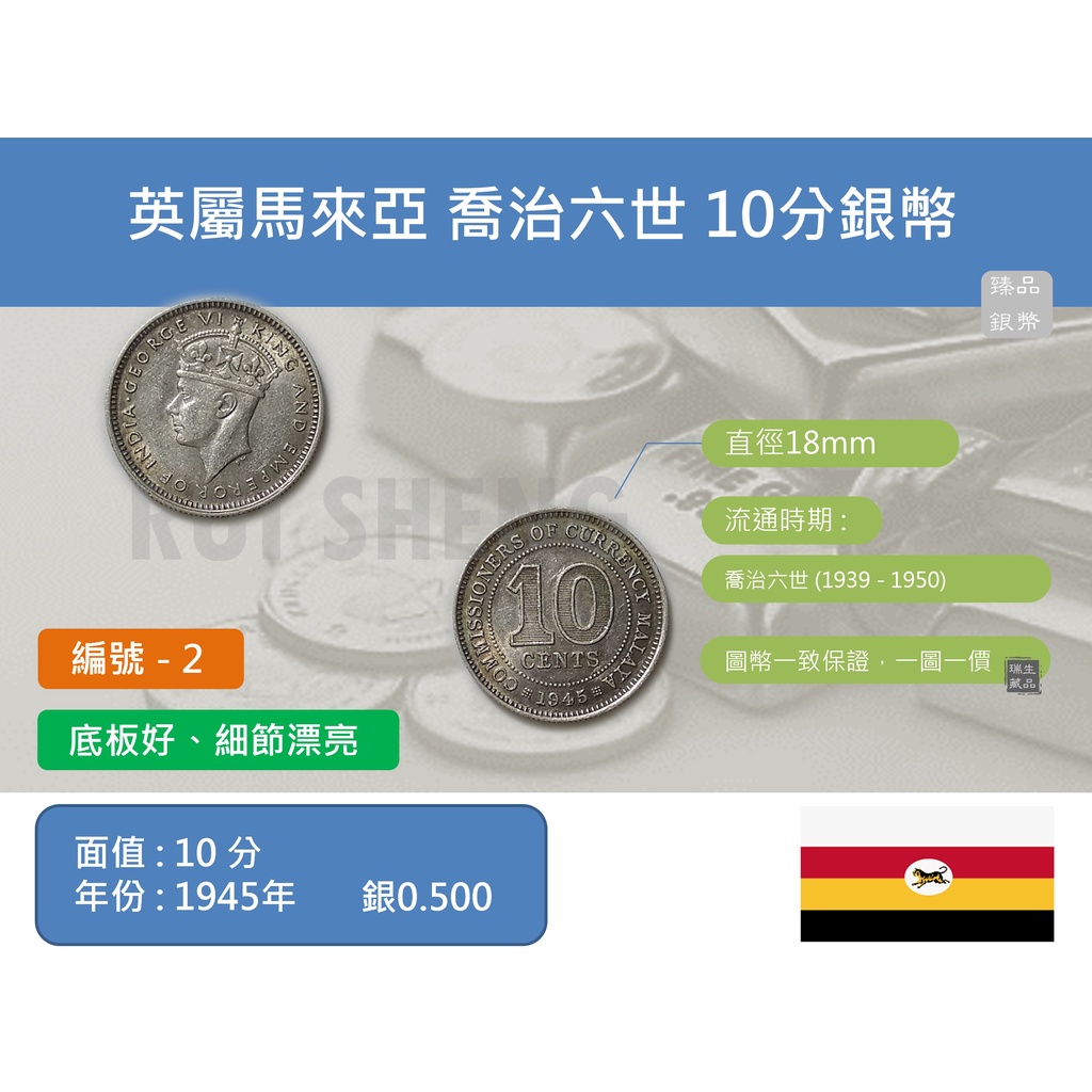 (銀幣-流通品) 亞洲 大英帝國 英屬馬來亞 1945年 喬治六世 10分銀幣-底板好、細節漂亮 (2)