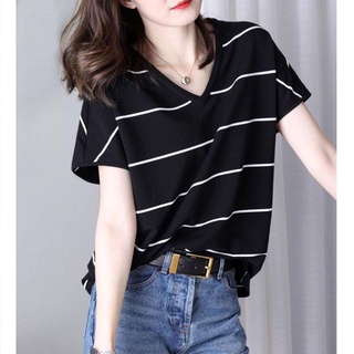 50-150KG加大碼時尚V領條紋女上衣寬鬆休閒短袖T恤