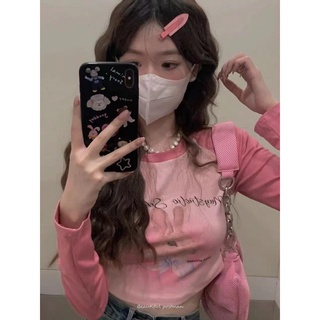 長袖 短版上衣 T恤 韓版 短版 長袖上衣 正肩 印花 長袖T恤女 秋季 甜辣 修身 顯瘦 內搭 打底衫 短上衣