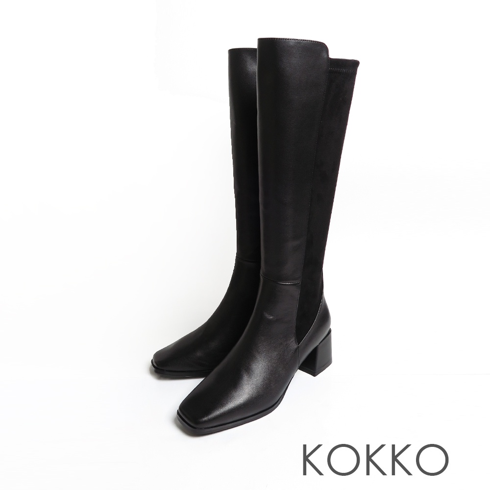 KOKKO超平頭纖細長腿拼接真皮粗跟長靴霧面黑