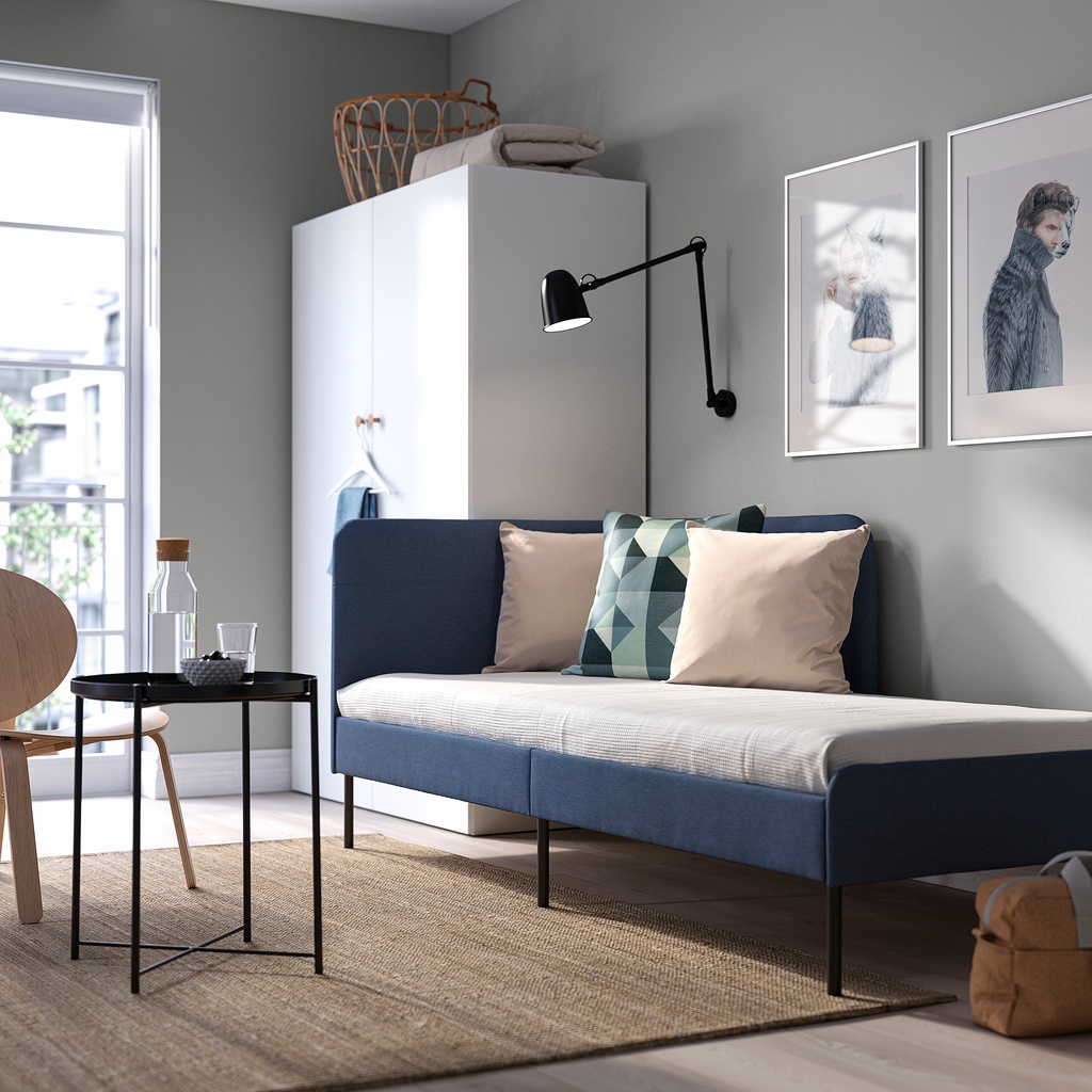 北歐工業LOFT風格IKEA宜家BLÅKULLEN軟墊式床框連轉角床頭板/單人床架/藍色/二手八成新/特$2880