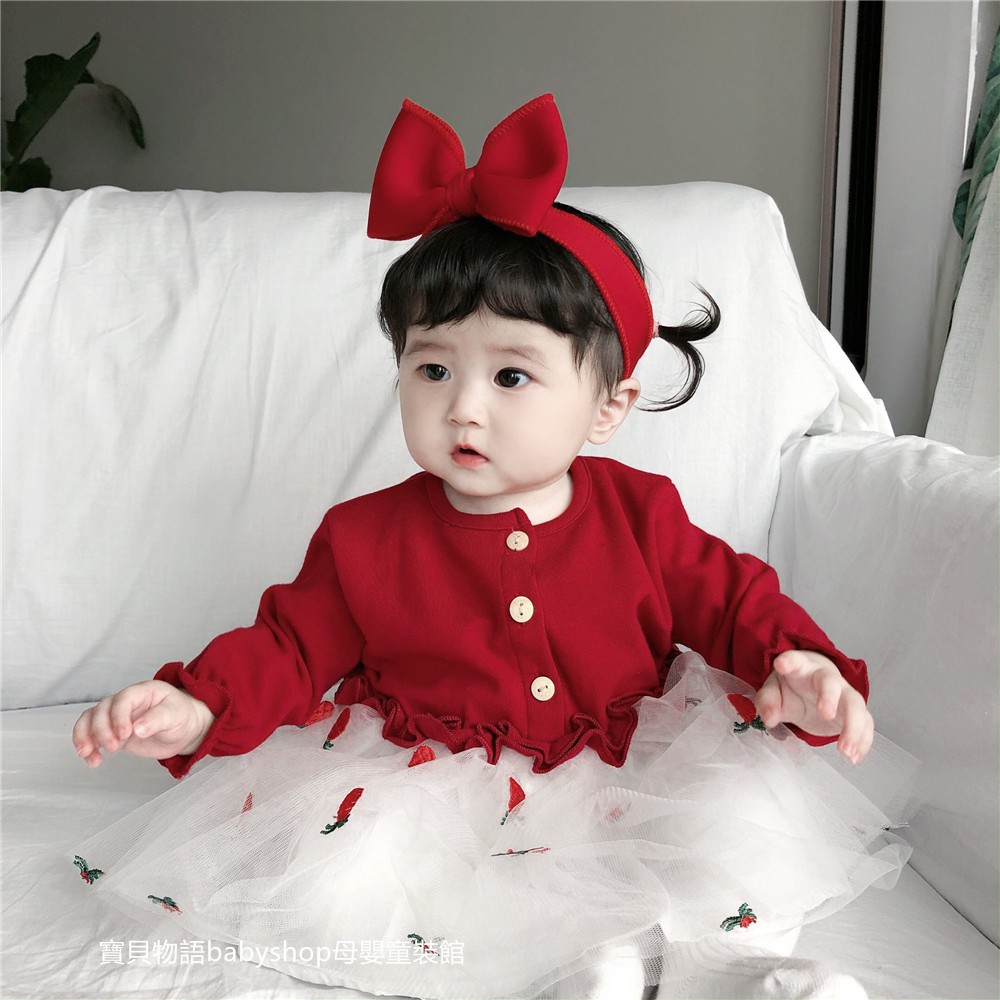 秋季新款女童嬰兒公主韓版紅色禮服裙女寶寶可愛網紗連衣裙 周歲寶寶小禮服裙 收誕 喜宴小洋裝 嬰兒滿月公主網紗裙